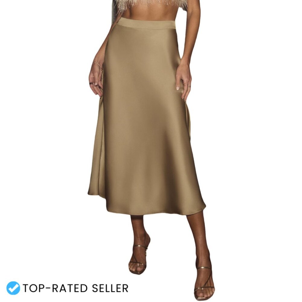 Satin A-Line Midi Skirt High Waist Flowy Elegant Cocktail Party Wedding Wear